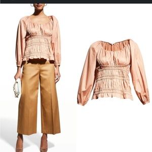 Rebecca Taylor Pleated 100% Cotton Long Sleeve Scoop Neck Peachy Pink Blouse - M